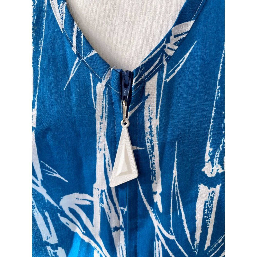 Vintage 1970s Bamboo Print Blue House Dress Eyelet Lace XL - Picture 6 of 14